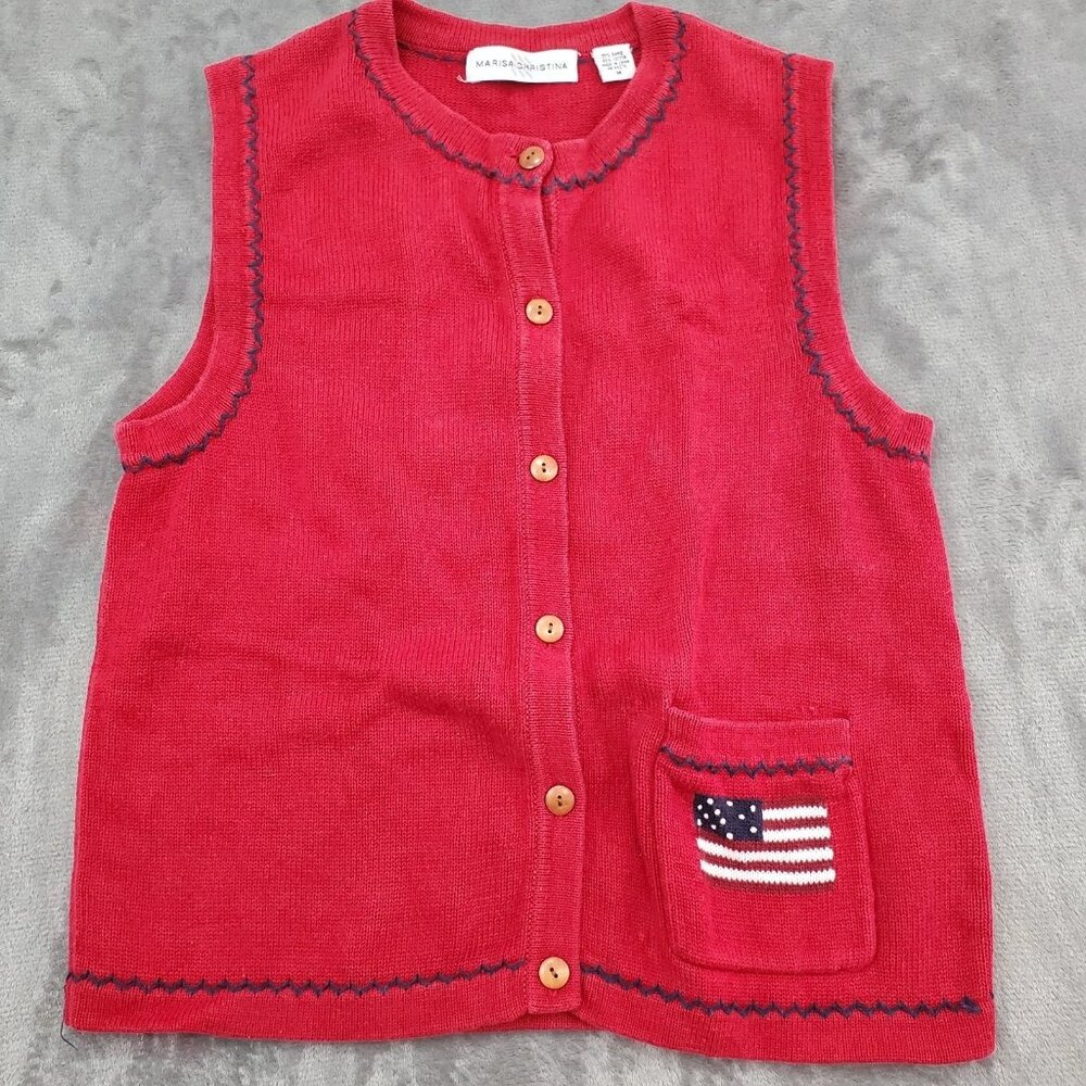 VTG Sweater Vest Womens Size M Red Grandma Patriotic USA Flag Marisa Christina
